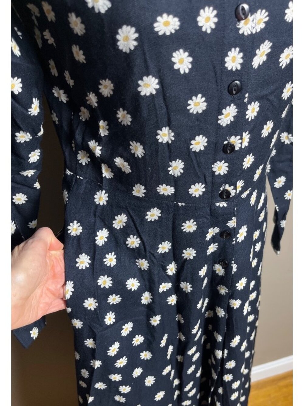 90s Style Grunge Midi Dress Black Daisy Print A-line Pockets Whimsigoth Wom 6 - Picture 6 of 10